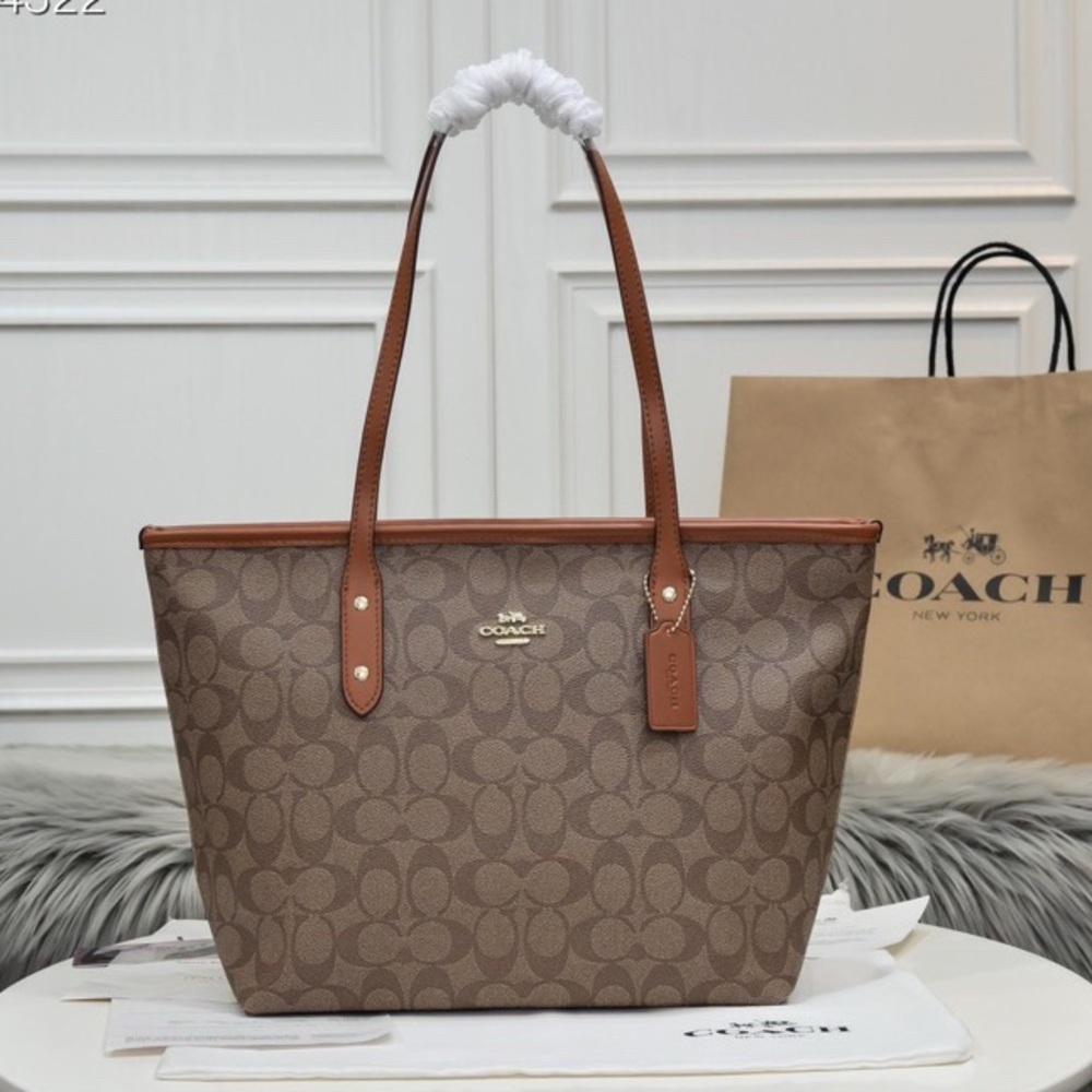 Coach Brown Signature Canvas Tote with Saddle Trim